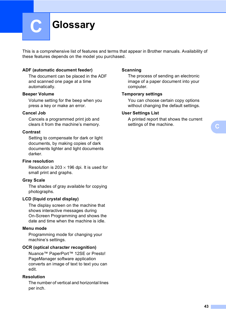 C glossary, Glossary | Brother Printer/Copier DCP-8110DN User Manual | Page 47 / 50
