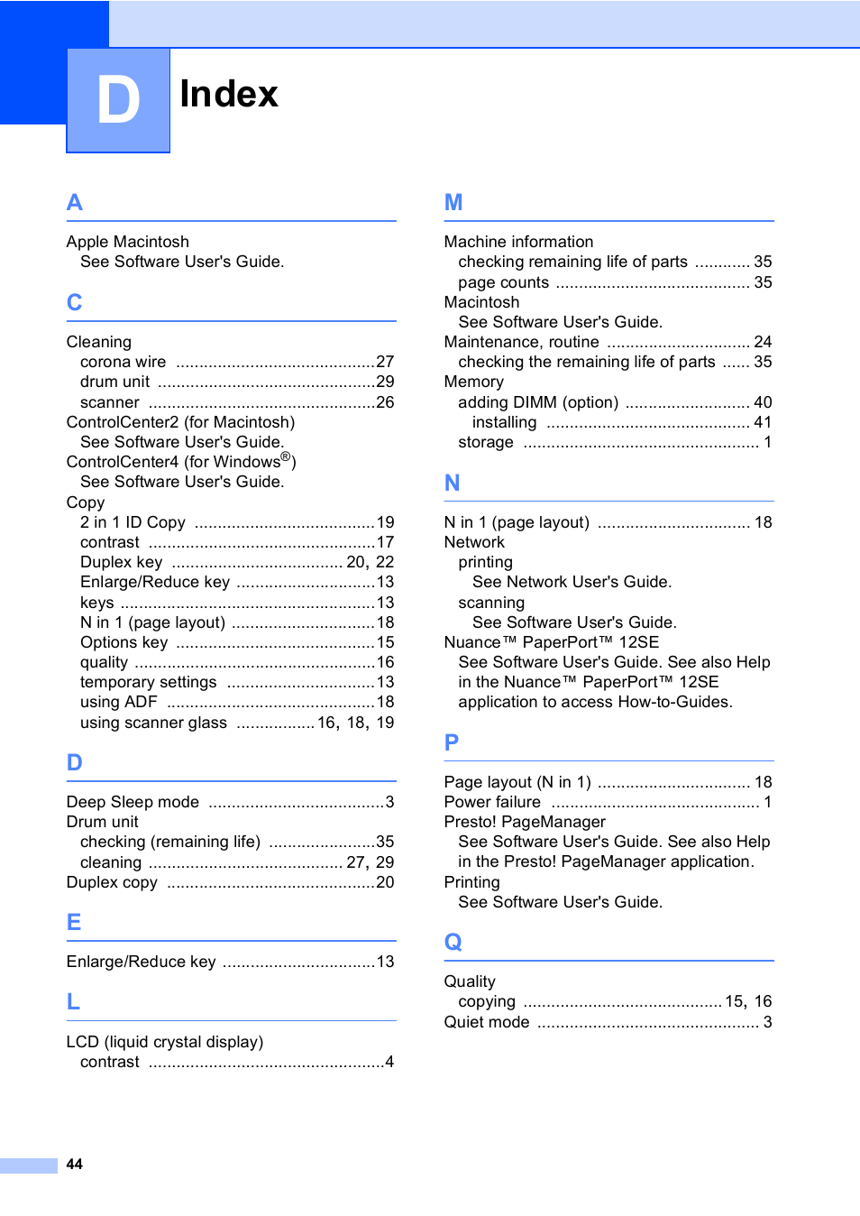 Index | Brother Printer/Copier DCP-8110DN User Manual | Page 48 / 50