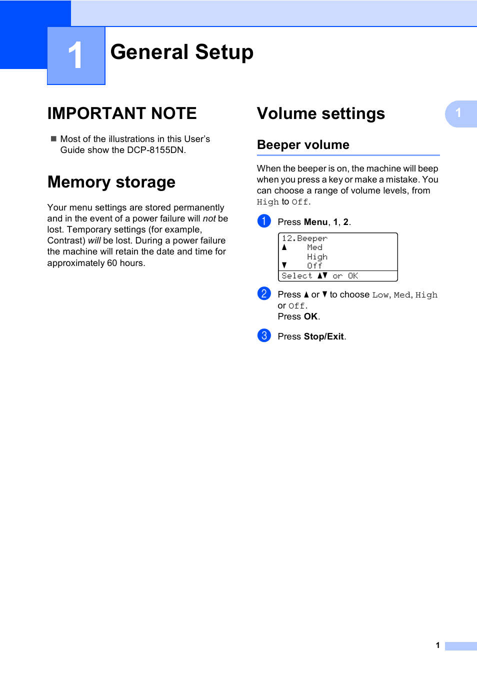 1 general setup, Important note, Memory storage | Volume settings, Beeper volume, General setup, Important note memory storage volume settings | Brother Printer/Copier DCP-8110DN User Manual | Page 5 / 50