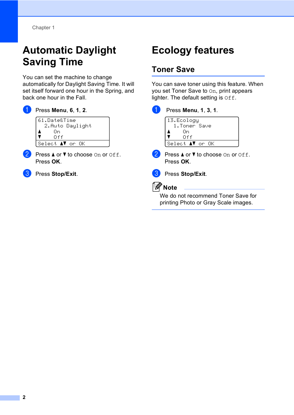Automatic daylight saving time, Ecology features, Toner save | Automatic daylight saving time ecology features | Brother Printer/Copier DCP-8110DN User Manual | Page 6 / 50