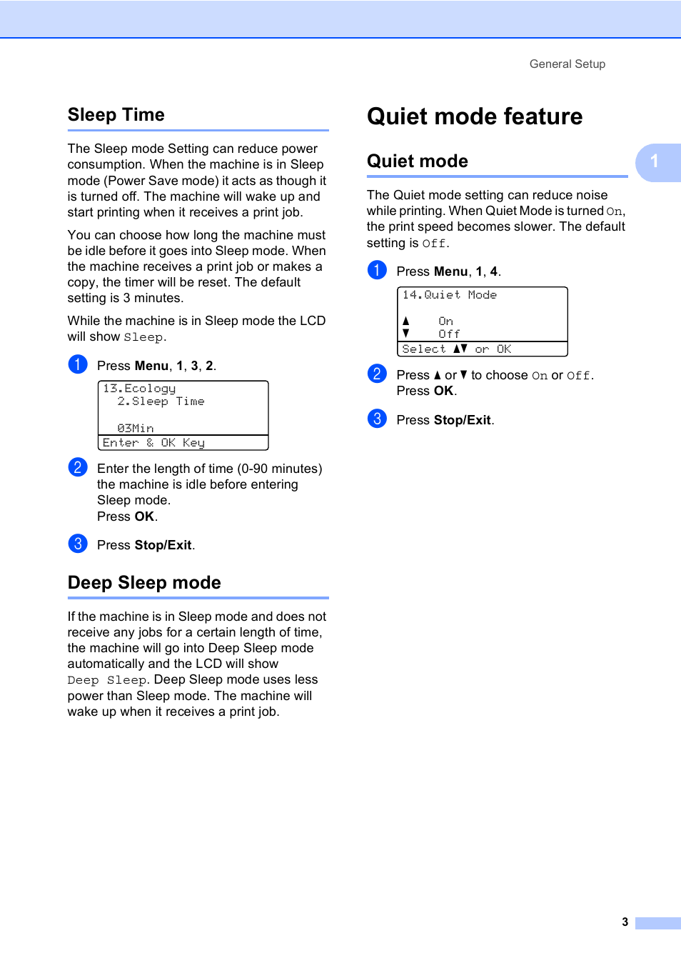 Sleep time, Deep sleep mode, Quiet mode feature | Quiet mode, Sleep time deep sleep mode, 1sleep time | Brother Printer/Copier DCP-8110DN User Manual | Page 7 / 50