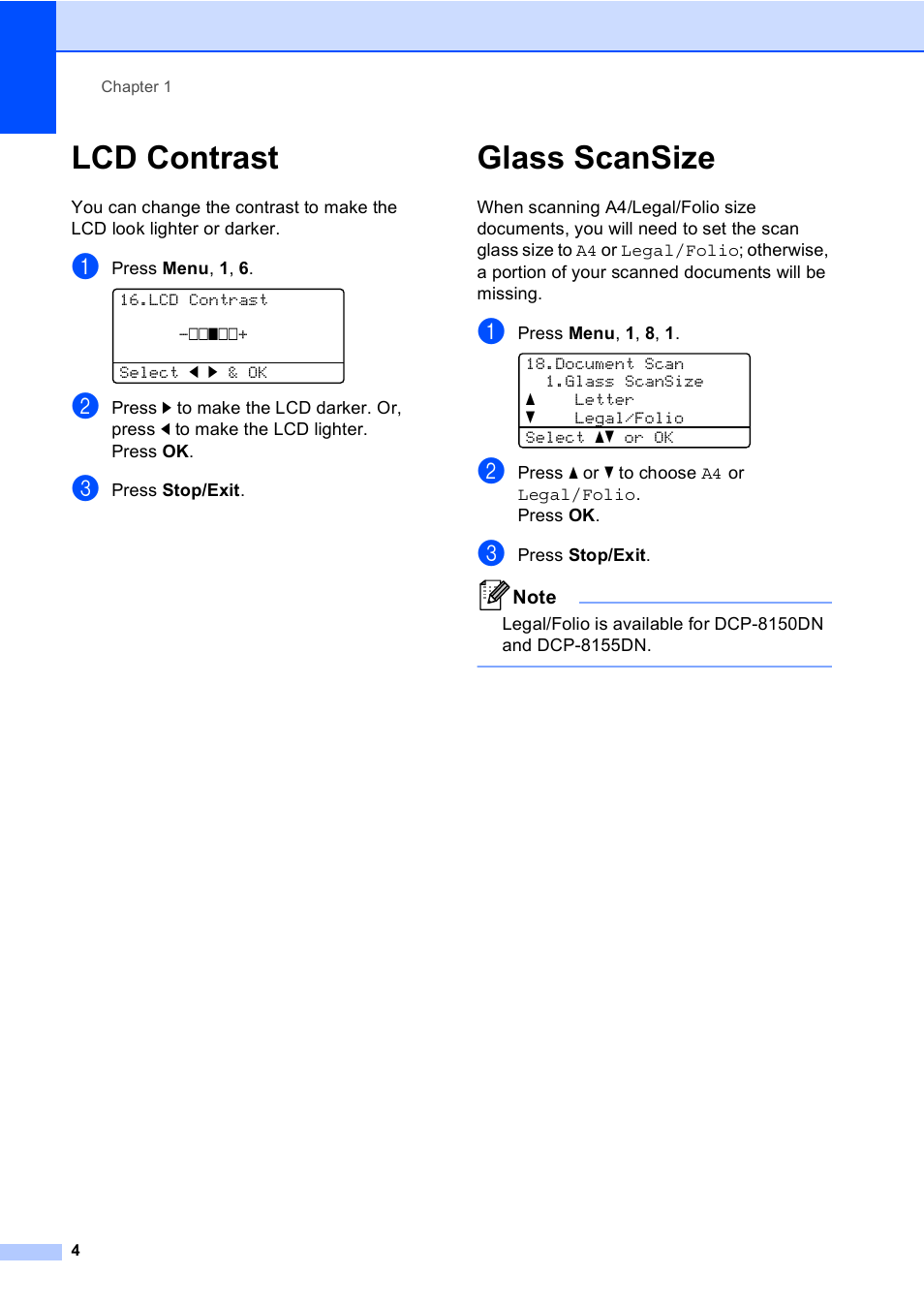 Lcd contrast, Glass scansize, Lcd contrast glass scansize | Brother Printer/Copier DCP-8110DN User Manual | Page 8 / 50