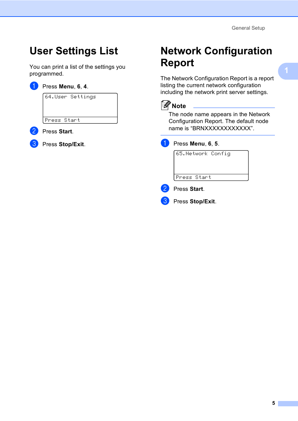 User settings list, Network configuration report, User settings list network configuration report | Brother Printer/Copier DCP-8110DN User Manual | Page 9 / 50