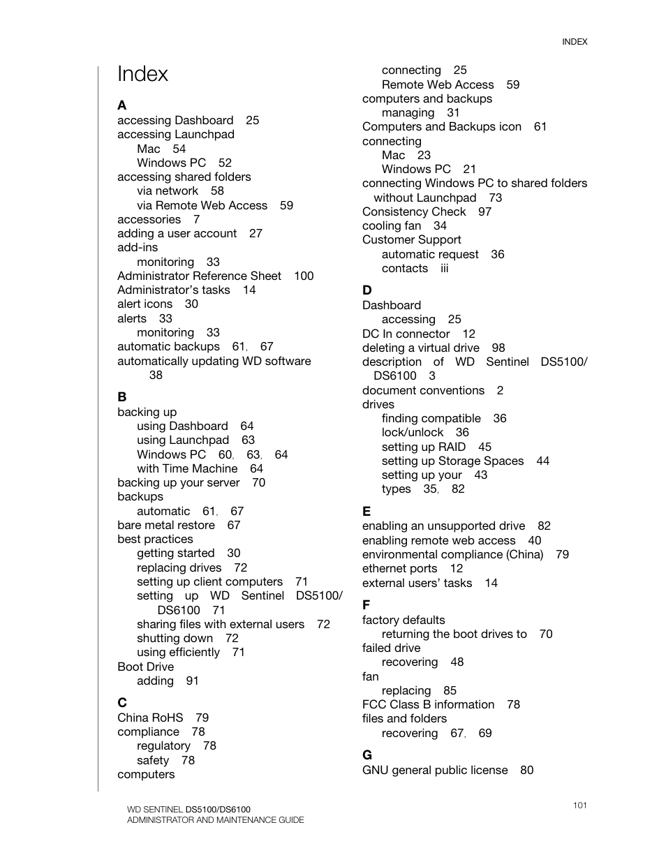Index | Western Digital WD Sentinel DS6100 Administrator and Maintenance Guide User Manual | Page 107 / 111