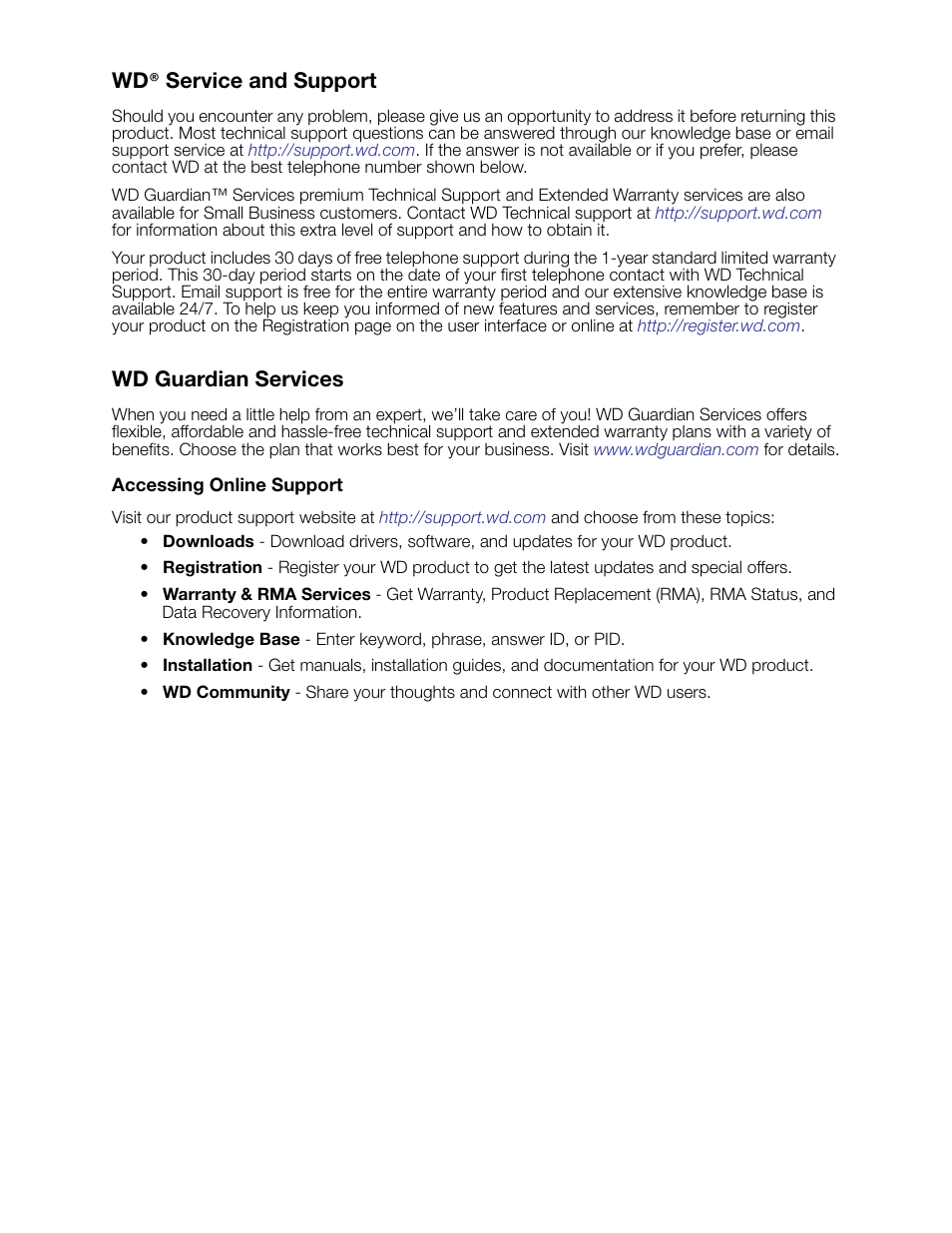 Wd® service and support, Wd guardian services, Accessing online support | Wd ® service and support | Western Digital WD Sentinel DS6100 Administrator and Maintenance Guide User Manual | Page 2 / 111
