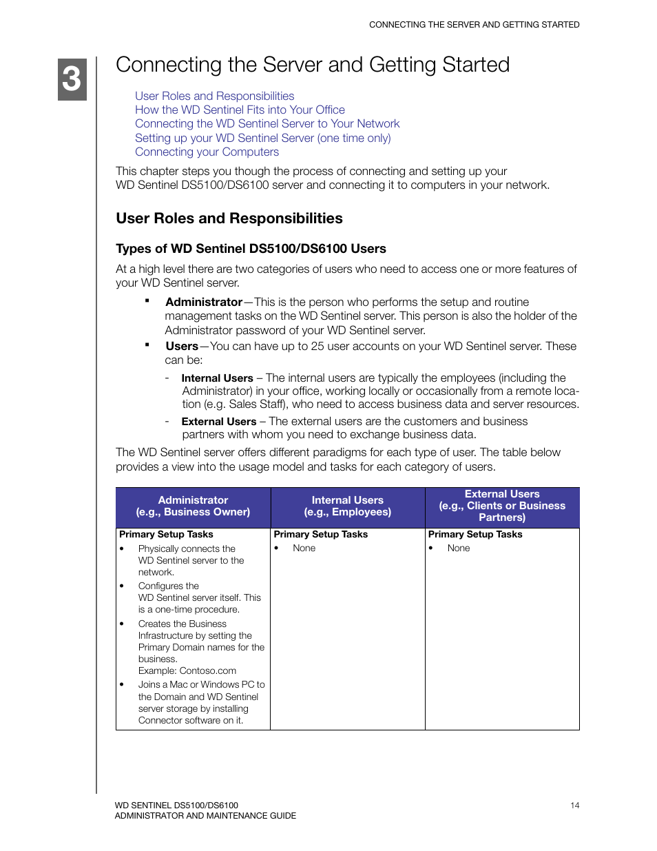 Connecting the server and getting started, User roles and responsibilities | Western Digital WD Sentinel DS6100 Administrator and Maintenance Guide User Manual | Page 20 / 111