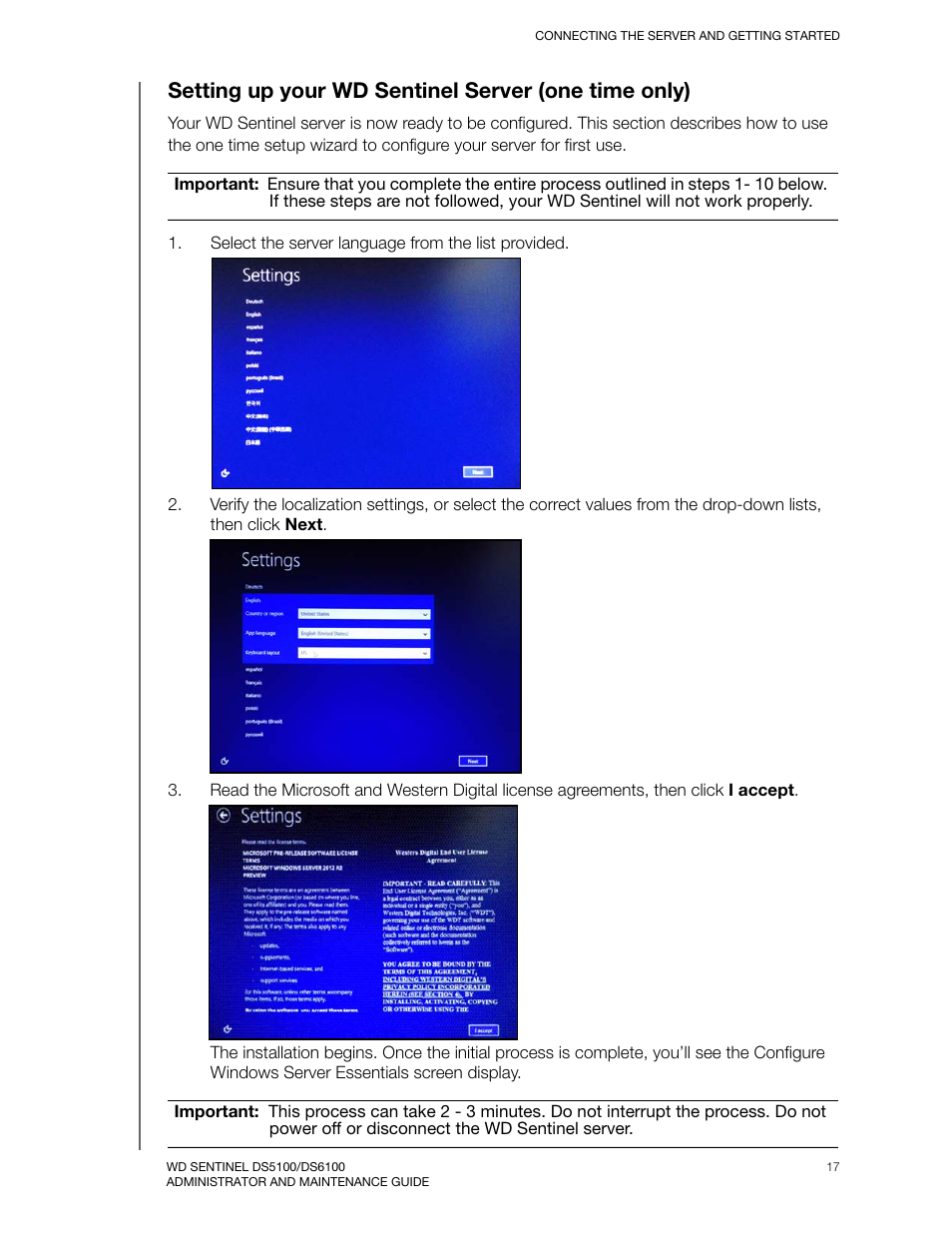 Setting up your wd sentinel server (one time only) | Western Digital WD Sentinel DS6100 Administrator and Maintenance Guide User Manual | Page 23 / 111