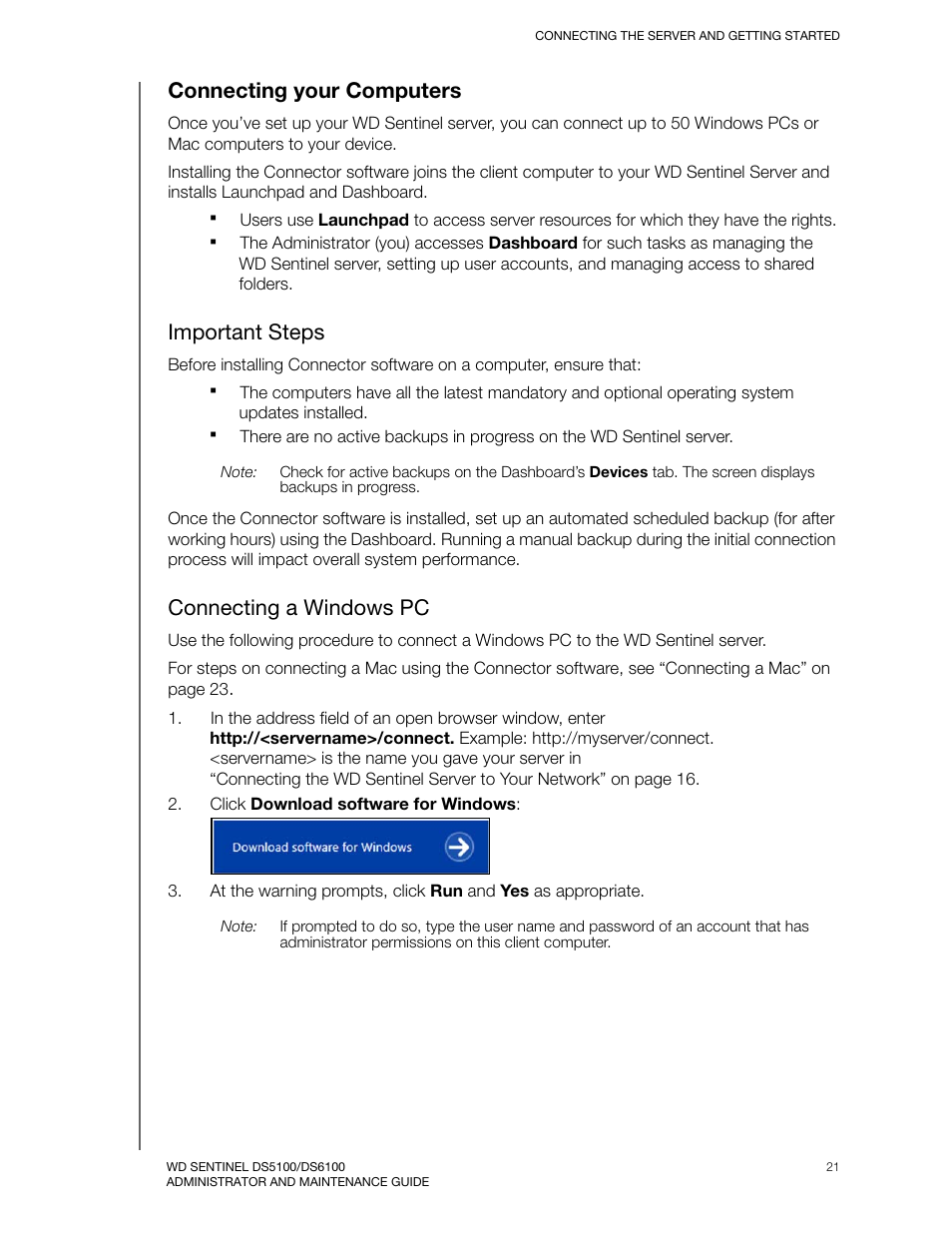 Connecting your computers, Important steps, Connecting a windows pc | Western Digital WD Sentinel DS6100 Administrator and Maintenance Guide User Manual | Page 27 / 111