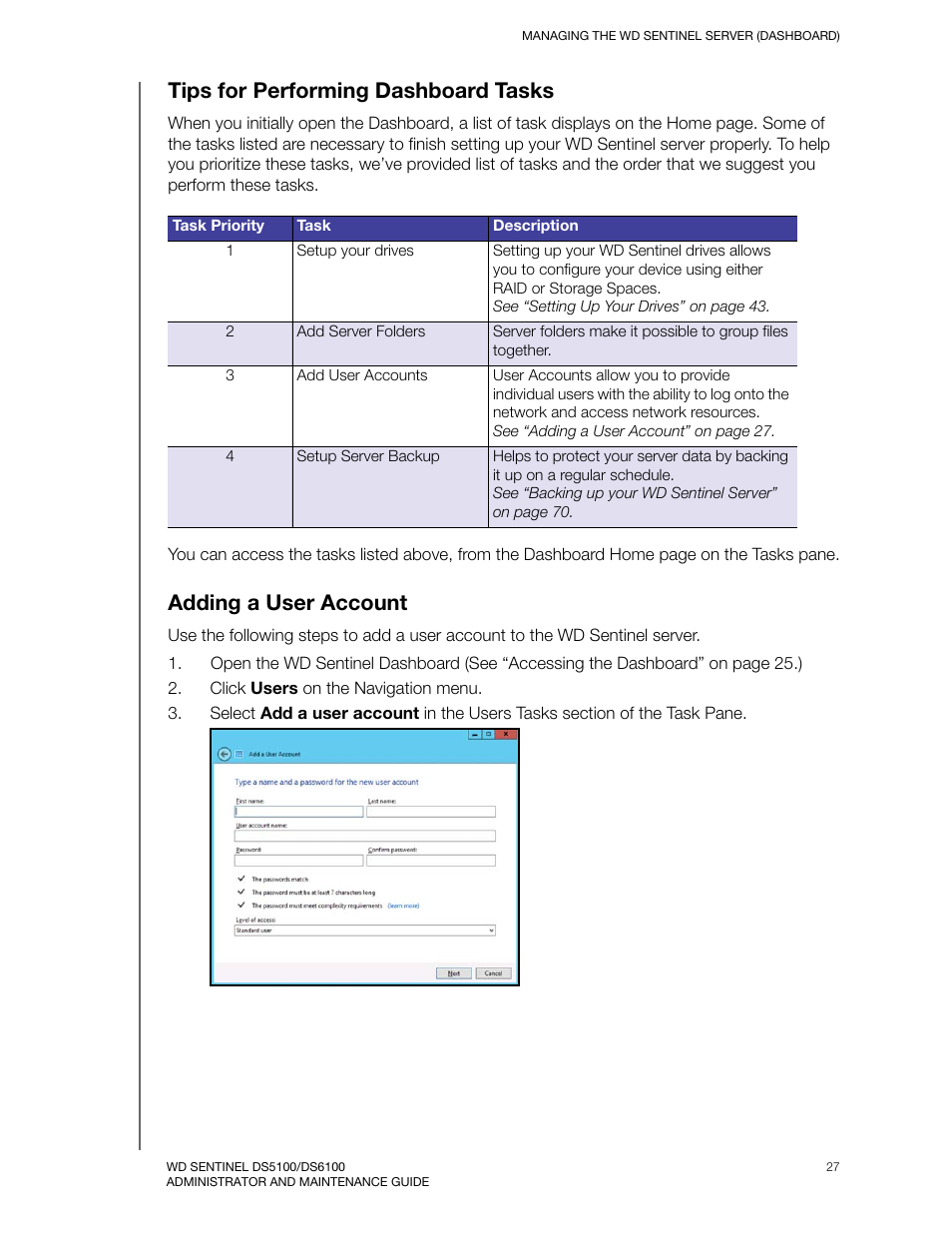 Tips for performing dashboard tasks, Adding a user account | Western Digital WD Sentinel DS6100 Administrator and Maintenance Guide User Manual | Page 33 / 111