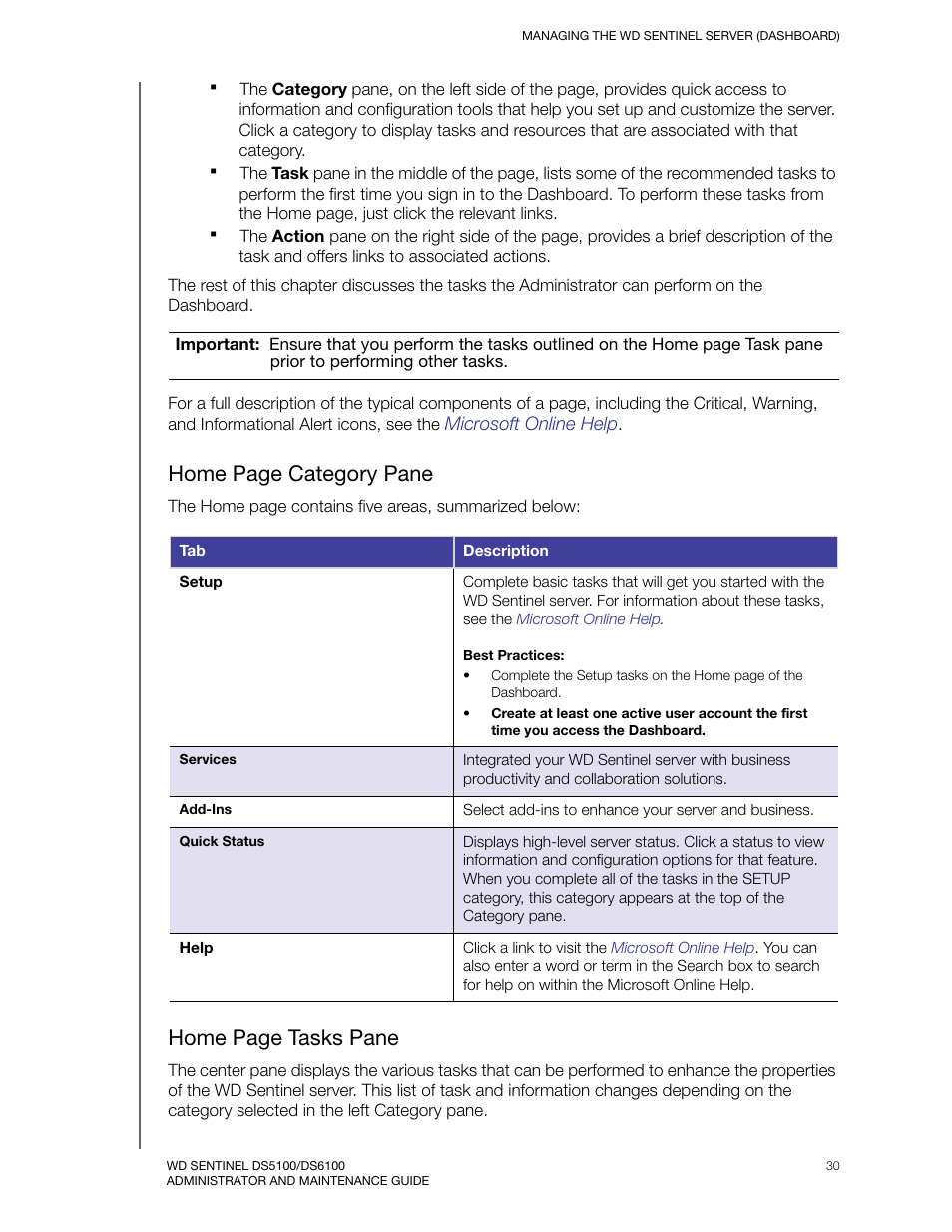 Home page category pane, Home page tasks pane | Western Digital WD Sentinel DS6100 Administrator and Maintenance Guide User Manual | Page 36 / 111