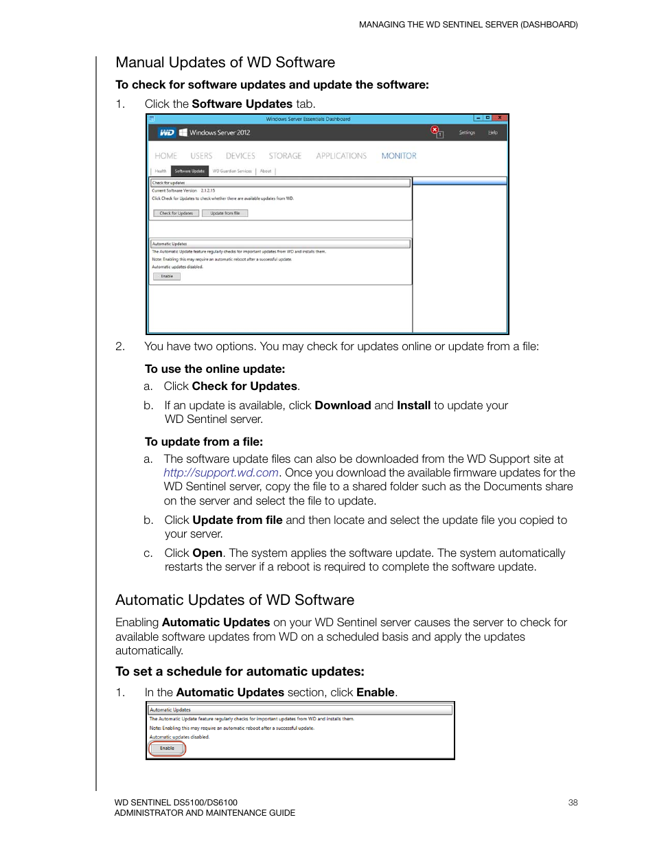 Manual updates of wd software, Automatic updates of wd software | Western Digital WD Sentinel DS6100 Administrator and Maintenance Guide User Manual | Page 44 / 111