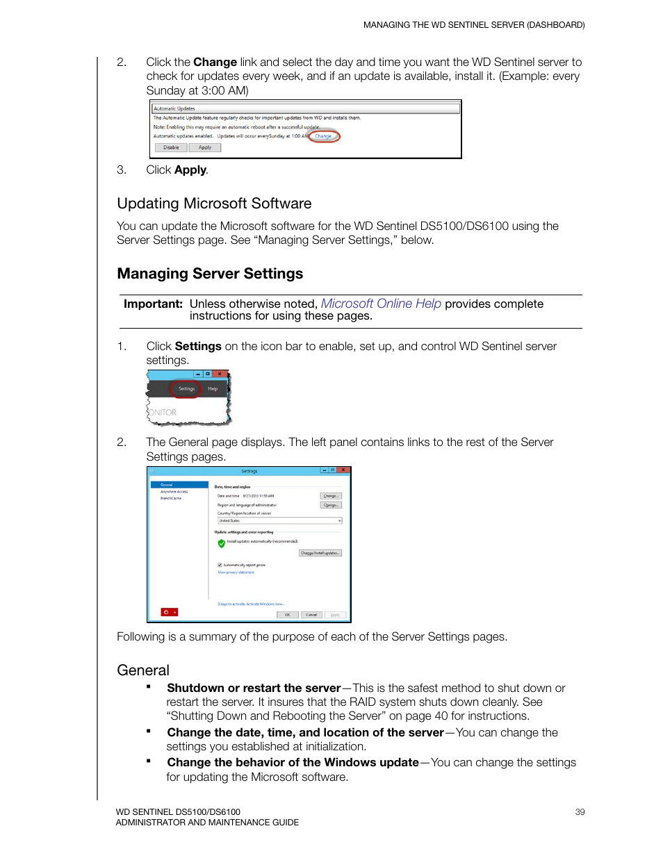 Updating microsoft software, Managing server settings, General | Western Digital WD Sentinel DS6100 Administrator and Maintenance Guide User Manual | Page 45 / 111