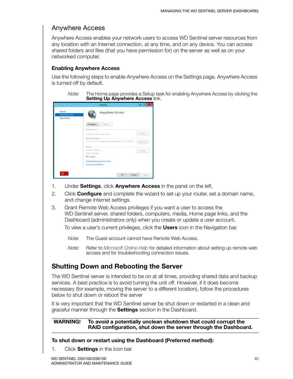 Anywhere access, Shutting down and rebooting the server | Western Digital WD Sentinel DS6100 Administrator and Maintenance Guide User Manual | Page 46 / 111