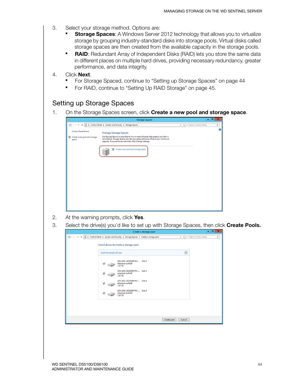 Setting up storage spaces | Western Digital WD Sentinel DS6100 Administrator and Maintenance Guide User Manual | Page 50 / 111