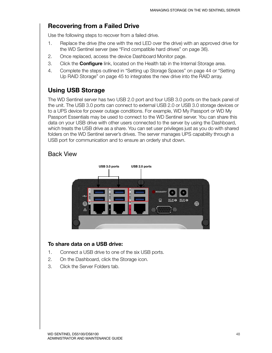 Recovering from a failed drive, Using usb storage, Back view | Western Digital WD Sentinel DS6100 Administrator and Maintenance Guide User Manual | Page 54 / 111