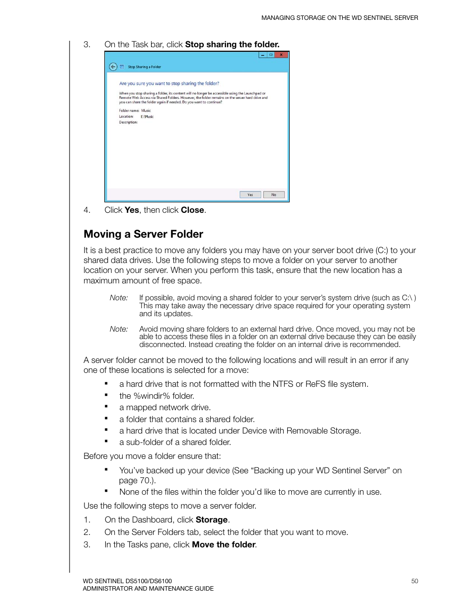 Moving a server folder | Western Digital WD Sentinel DS6100 Administrator and Maintenance Guide User Manual | Page 56 / 111