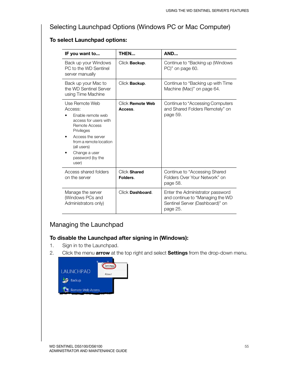 Managing the launchpad | Western Digital WD Sentinel DS6100 Administrator and Maintenance Guide User Manual | Page 61 / 111