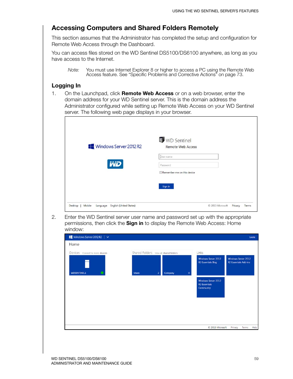 Accessing computers and shared folders remotely | Western Digital WD Sentinel DS6100 Administrator and Maintenance Guide User Manual | Page 65 / 111