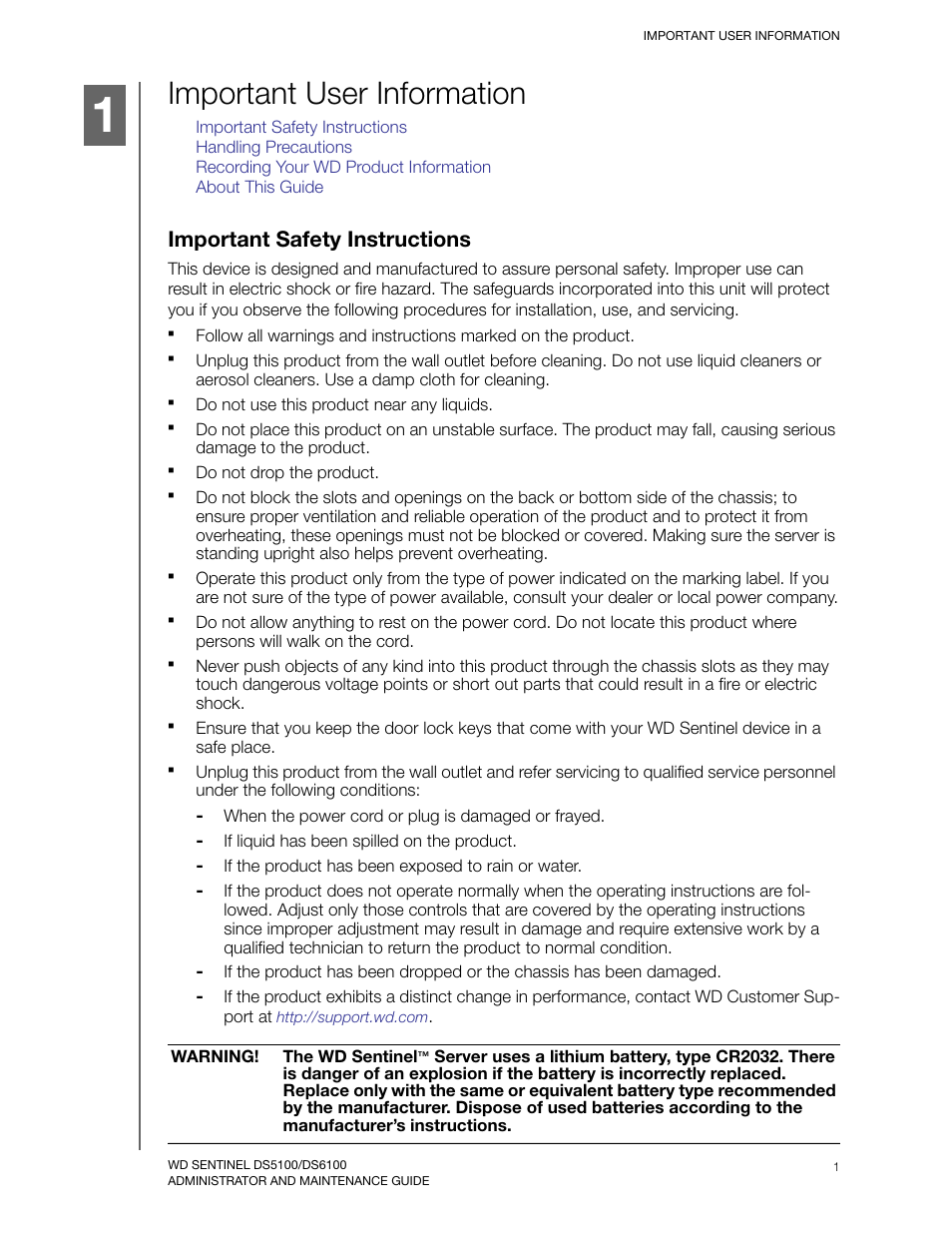 Important user information, Important safety instructions | Western Digital WD Sentinel DS6100 Administrator and Maintenance Guide User Manual | Page 7 / 111