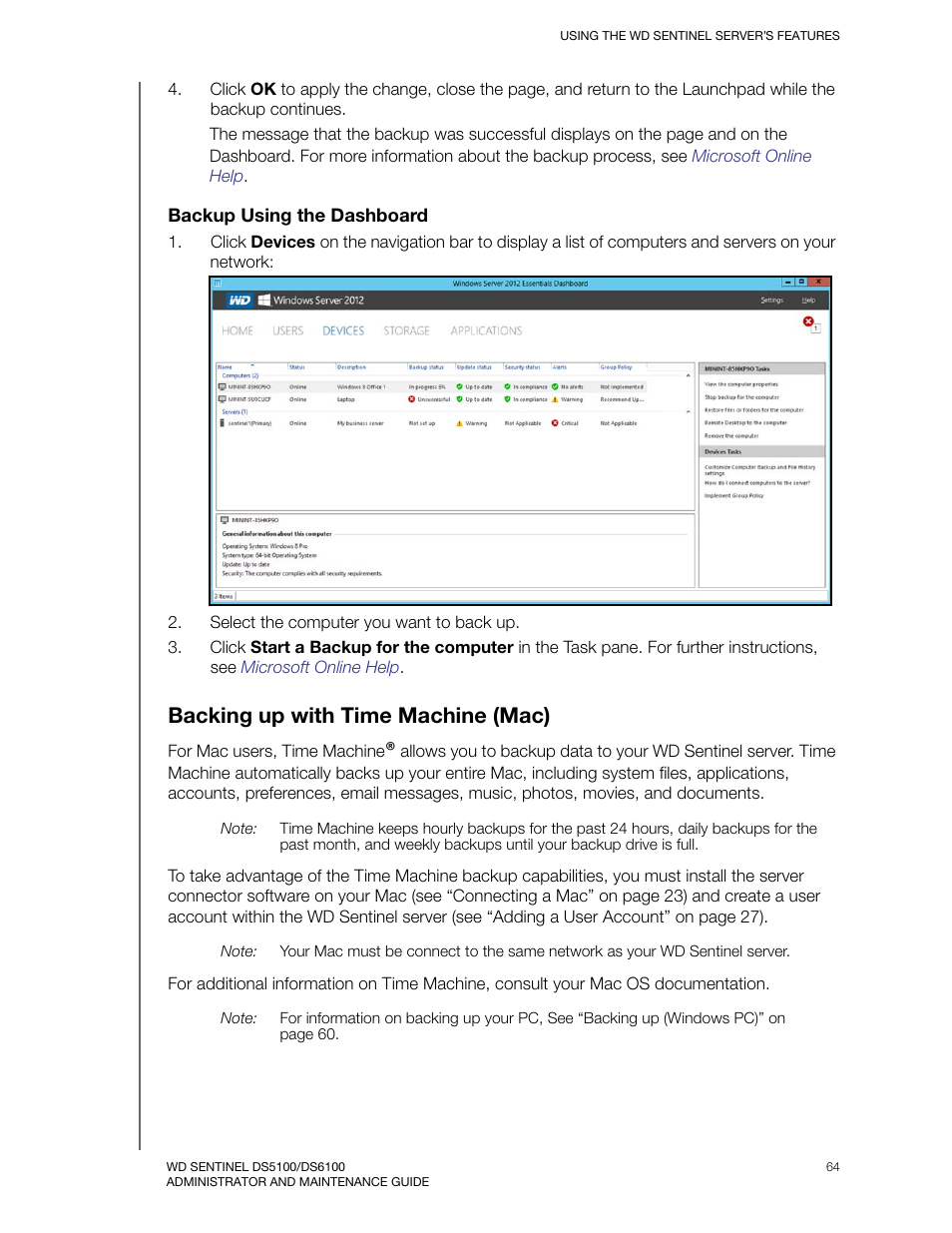 Backing up with time machine (mac) | Western Digital WD Sentinel DS6100 Administrator and Maintenance Guide User Manual | Page 70 / 111