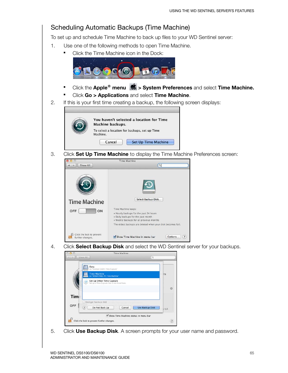 Scheduling automatic backups (time machine) | Western Digital WD Sentinel DS6100 Administrator and Maintenance Guide User Manual | Page 71 / 111