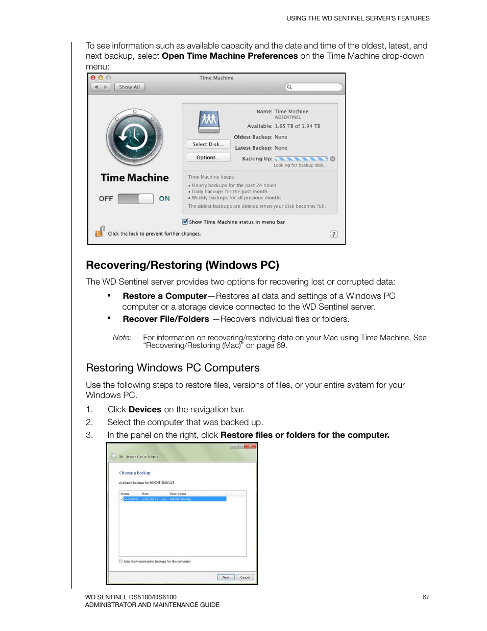 Recovering/restoring (windows pc), Restoring windows pc computers | Western Digital WD Sentinel DS6100 Administrator and Maintenance Guide User Manual | Page 73 / 111