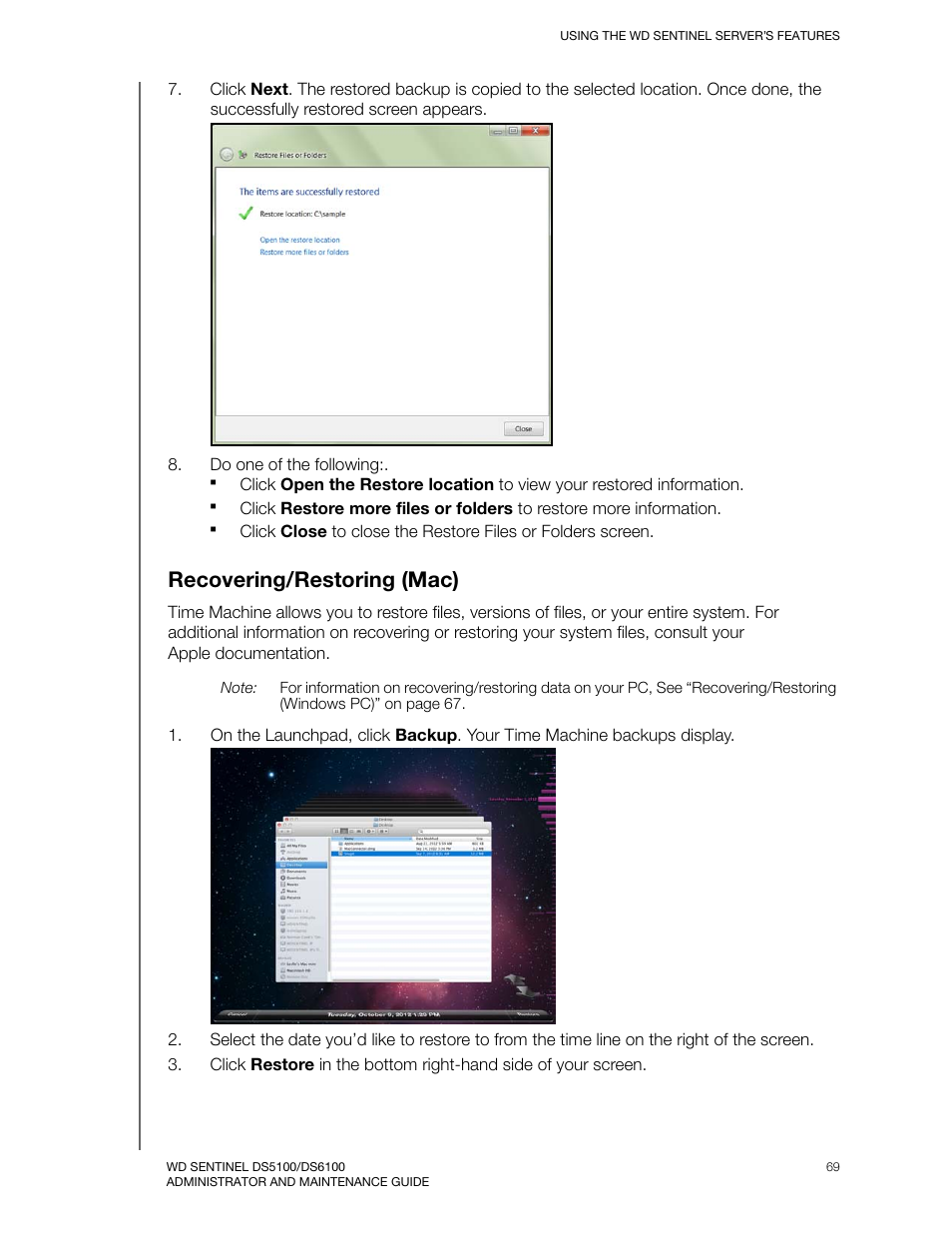 Recovering/restoring (mac) | Western Digital WD Sentinel DS6100 Administrator and Maintenance Guide User Manual | Page 75 / 111