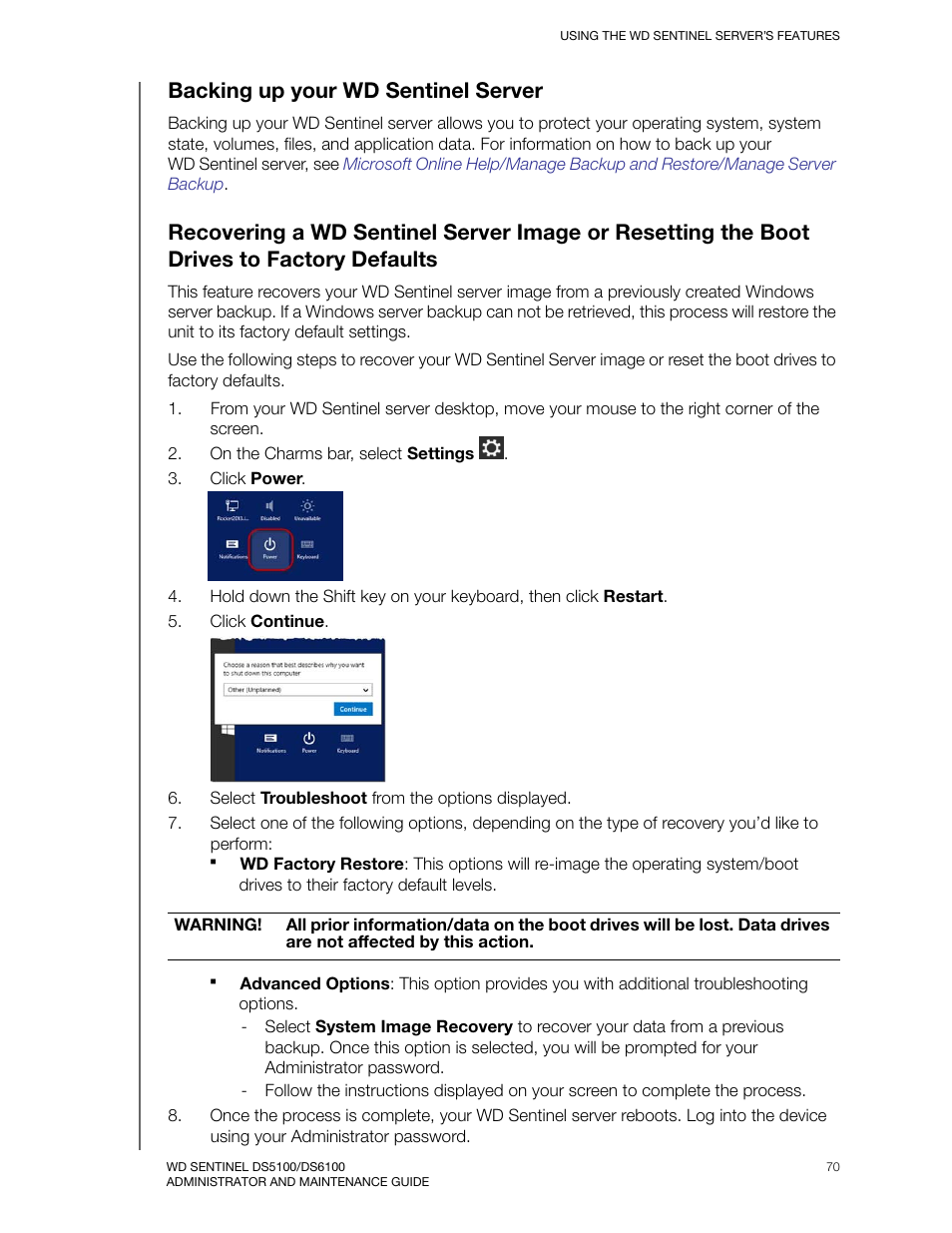 Backing up your wd sentinel server | Western Digital WD Sentinel DS6100 Administrator and Maintenance Guide User Manual | Page 76 / 111