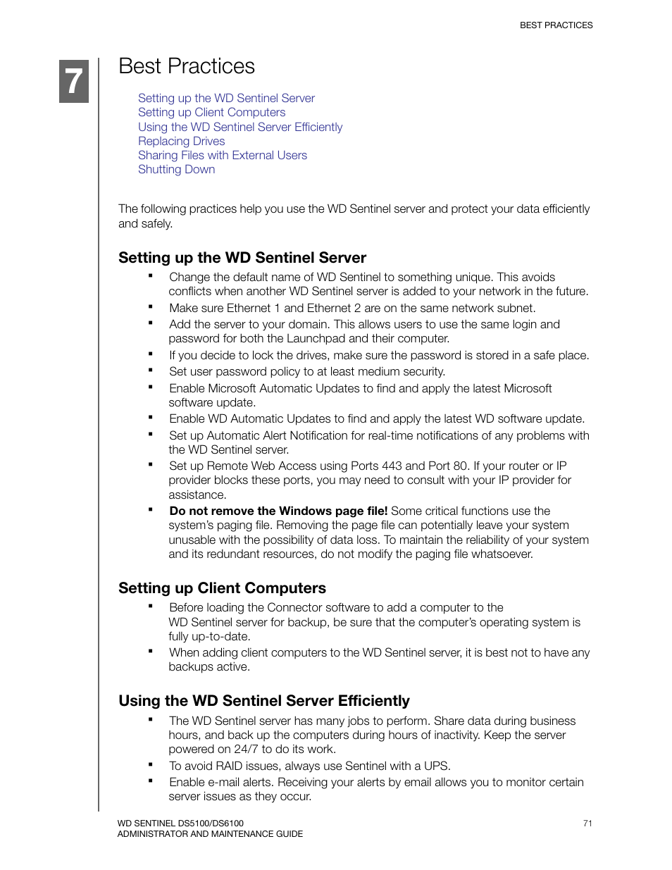 Best practices, Setting up the wd sentinel server, Setting up client computers | Using the wd sentinel server efficiently | Western Digital WD Sentinel DS6100 Administrator and Maintenance Guide User Manual | Page 77 / 111