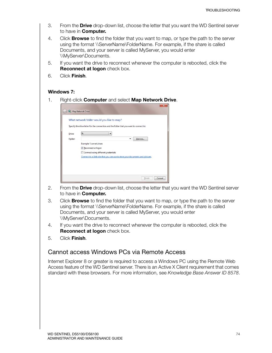 Cannot access windows pcs via remote access | Western Digital WD Sentinel DS6100 Administrator and Maintenance Guide User Manual | Page 80 / 111