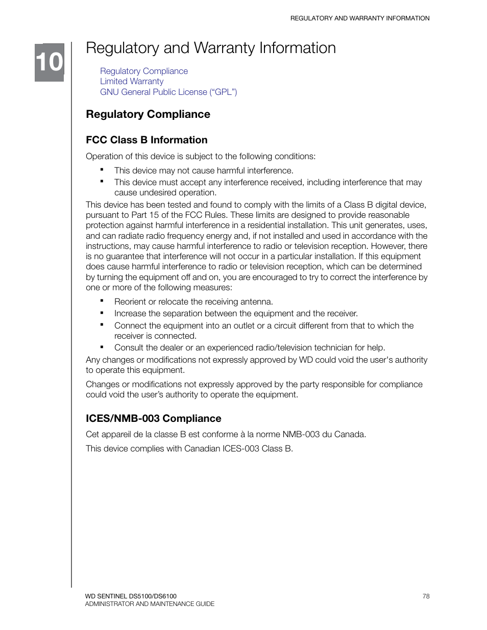 Regulatory and warranty information, Regulatory compliance, Fcc class b information | Ices/nmb-003 compliance | Western Digital WD Sentinel DS6100 Administrator and Maintenance Guide User Manual | Page 84 / 111