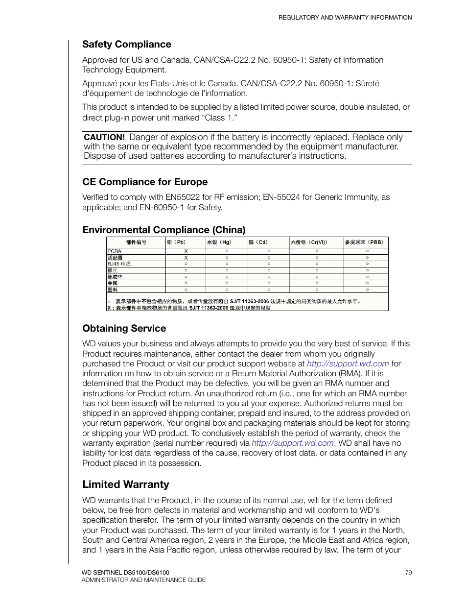 Safety compliance, Ce compliance for europe, Environmental compliance (china) | Obtaining service, Limited warranty | Western Digital WD Sentinel DS6100 Administrator and Maintenance Guide User Manual | Page 85 / 111