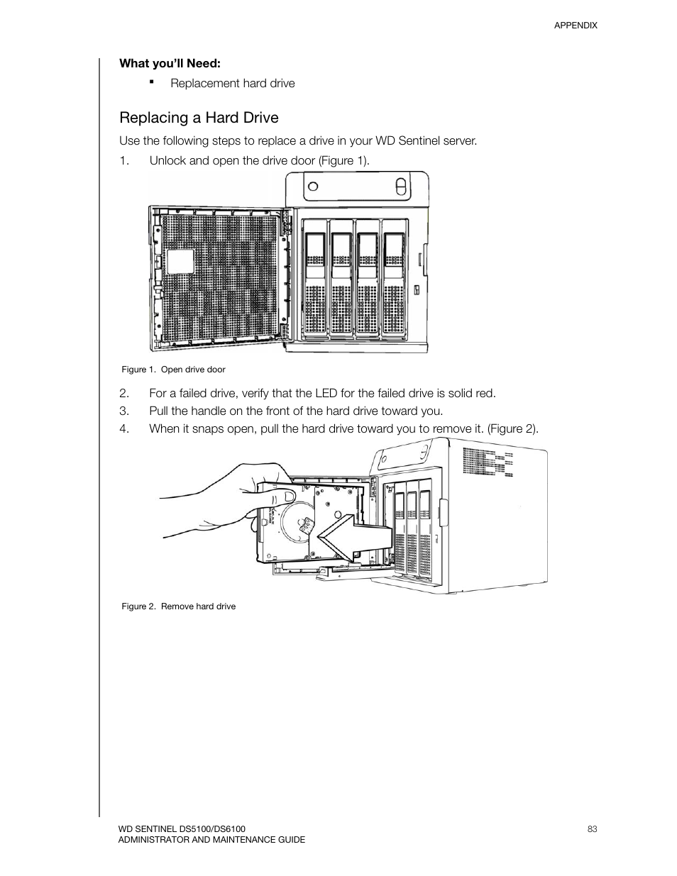 Replacing a hard drive | Western Digital WD Sentinel DS6100 Administrator and Maintenance Guide User Manual | Page 89 / 111