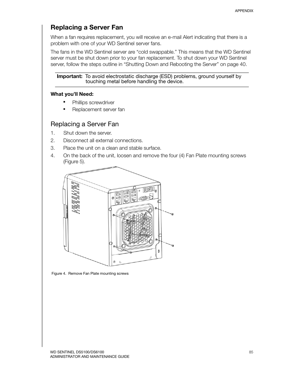 Replacing a server fan | Western Digital WD Sentinel DS6100 Administrator and Maintenance Guide User Manual | Page 91 / 111