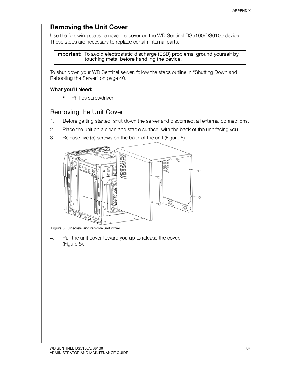 Removing the unit cover | Western Digital WD Sentinel DS6100 Administrator and Maintenance Guide User Manual | Page 93 / 111