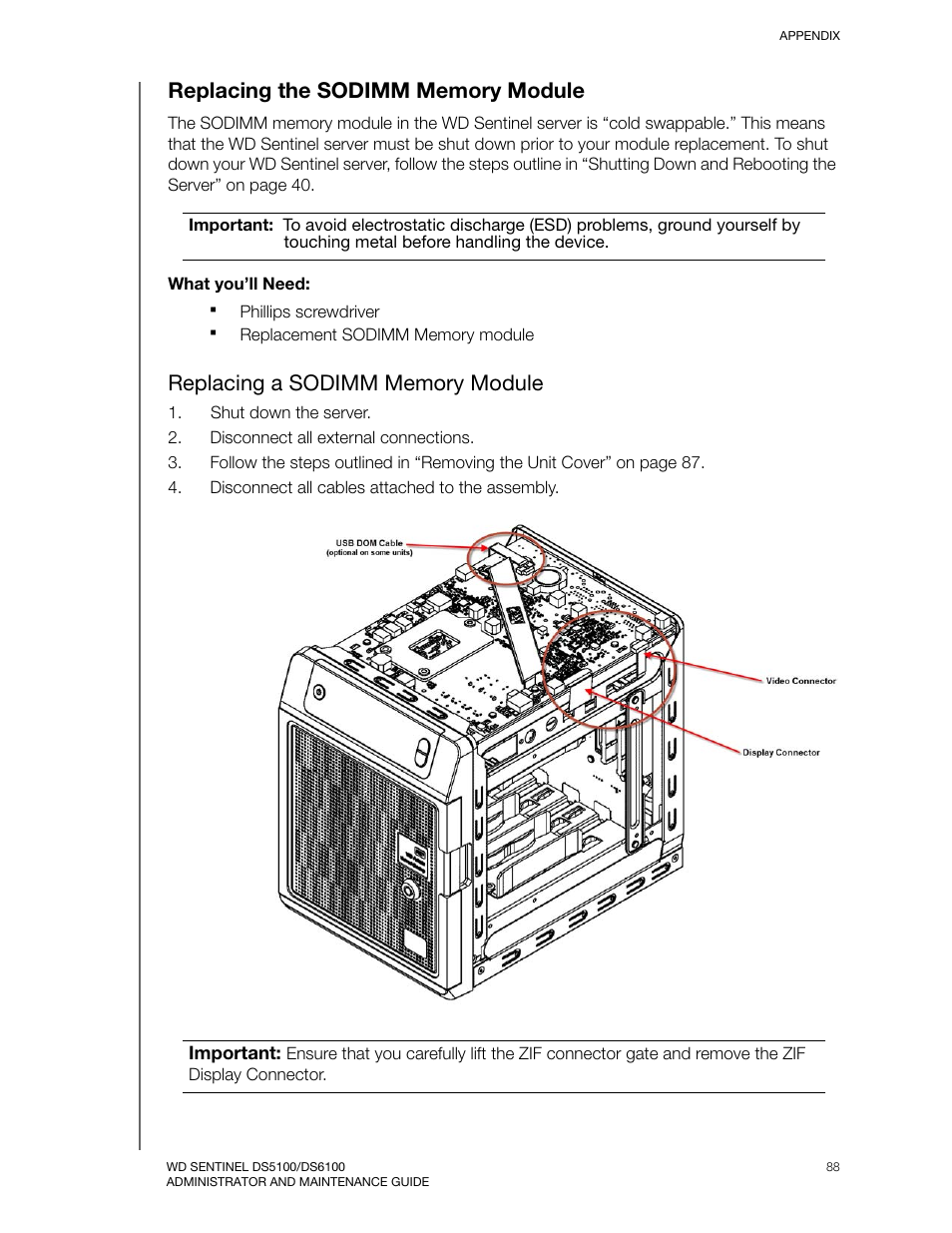 Replacing the sodimm memory module, Replacing a sodimm memory module | Western Digital WD Sentinel DS6100 Administrator and Maintenance Guide User Manual | Page 94 / 111