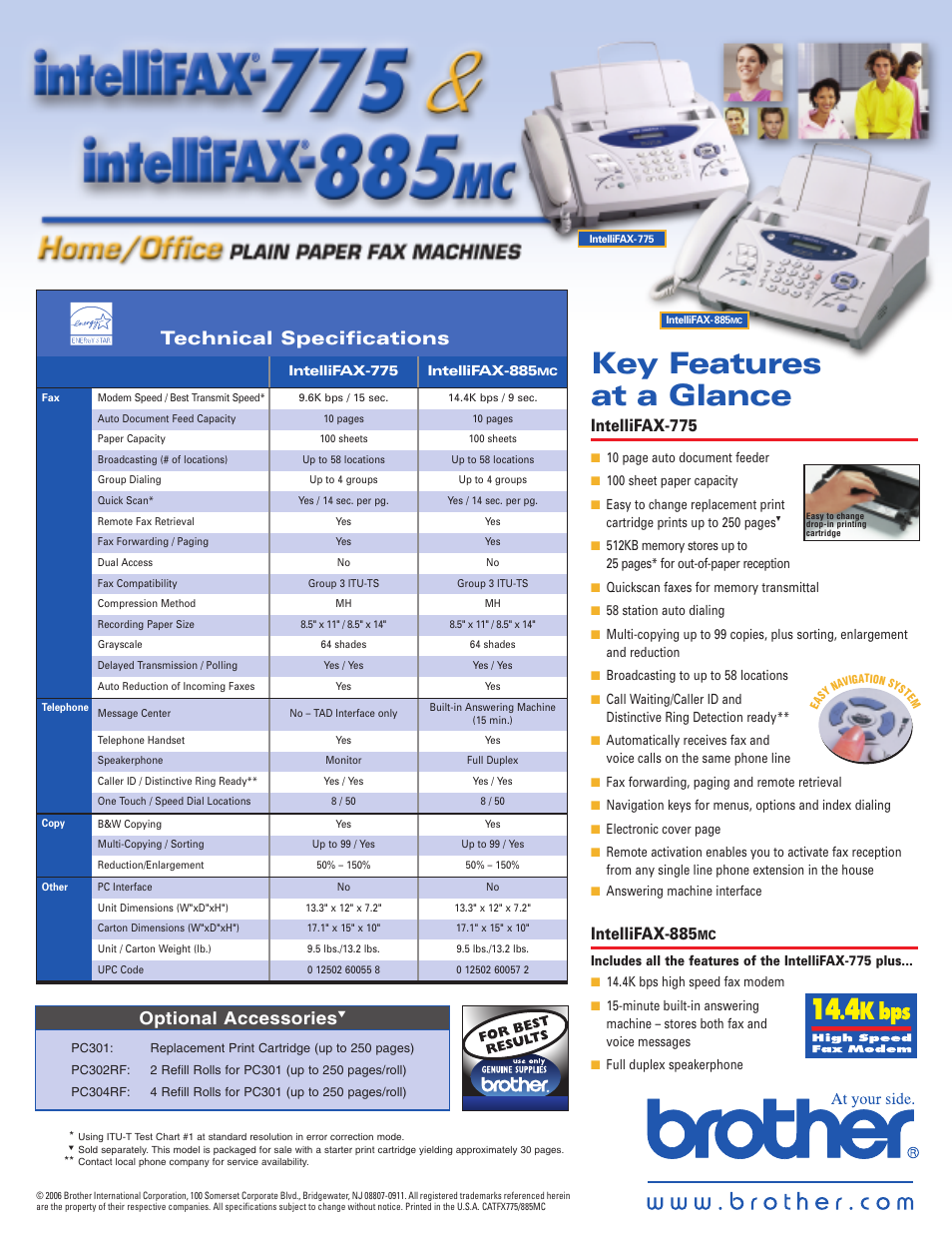 Key features at a glance, Technical specifications, Intellifax-775 | Intellifax-885, Optional accessories | Brother IntelliFAX 775 User Manual | Page 2 / 2