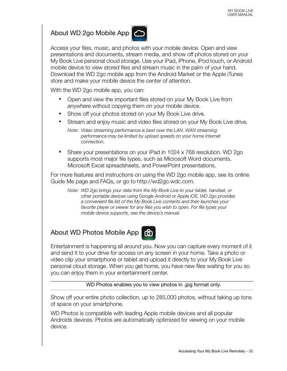 About wd 2go mobile app, About wd photos mobile app | Western Digital My Book Live User Manual User Manual | Page 100 / 146