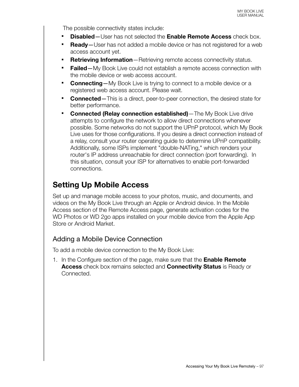Setting up mobile access, Adding a mobile device connection | Western Digital My Book Live User Manual User Manual | Page 102 / 146