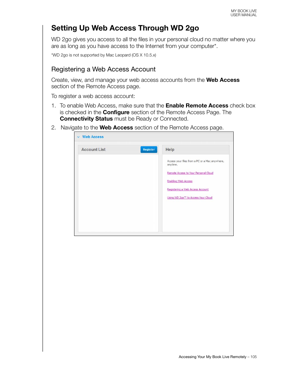 Setting up web access through wd 2go, Registering a web access account | Western Digital My Book Live User Manual User Manual | Page 110 / 146