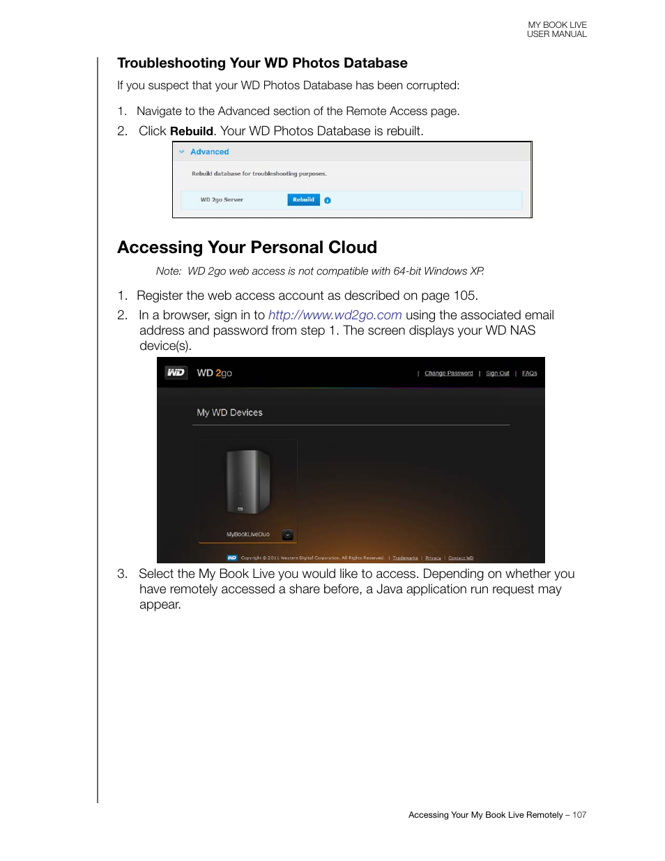 Troubleshooting your wd photos database, Accessing your personal cloud | Western Digital My Book Live User Manual User Manual | Page 112 / 146