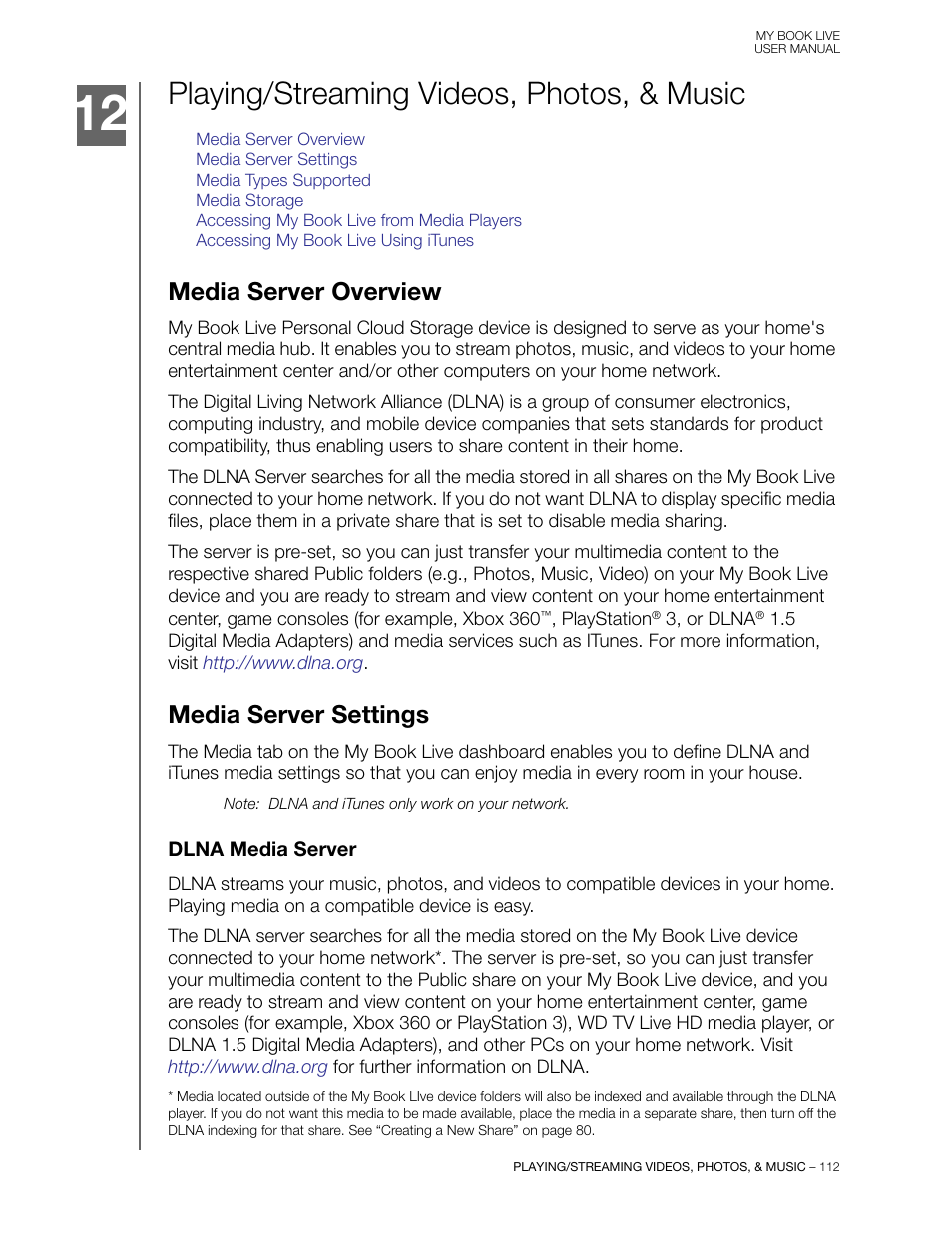 Playing/streaming videos, photos, & music, Media server overview, Media server settings | Dlna media server | Western Digital My Book Live User Manual User Manual | Page 117 / 146