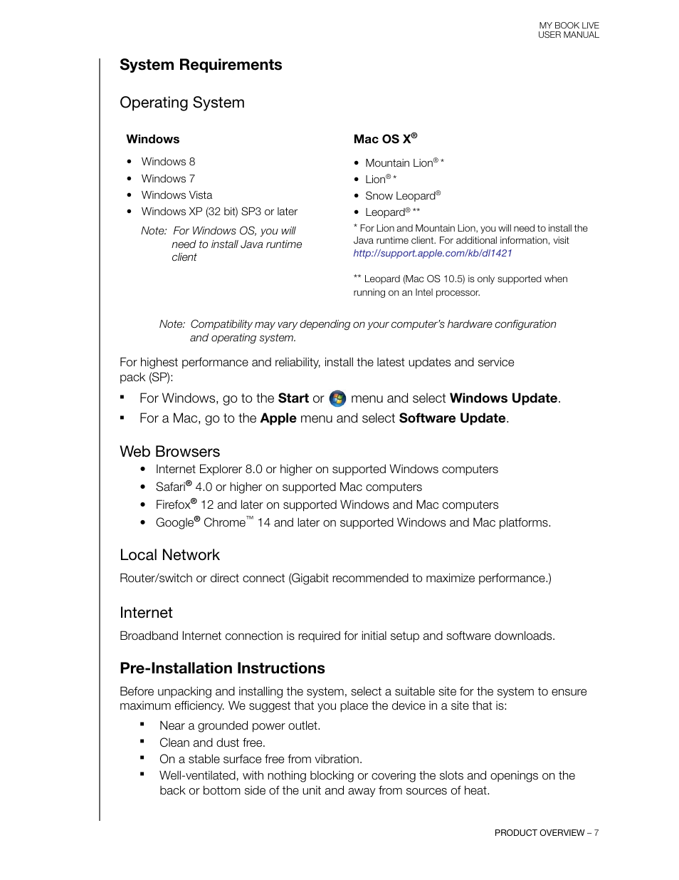 System requirements, Operating system, Web browsers | Local network, Internet, Pre-installation instructions, System requirements pre-installation instructions, System requirements operating system | Western Digital My Book Live User Manual User Manual | Page 12 / 146