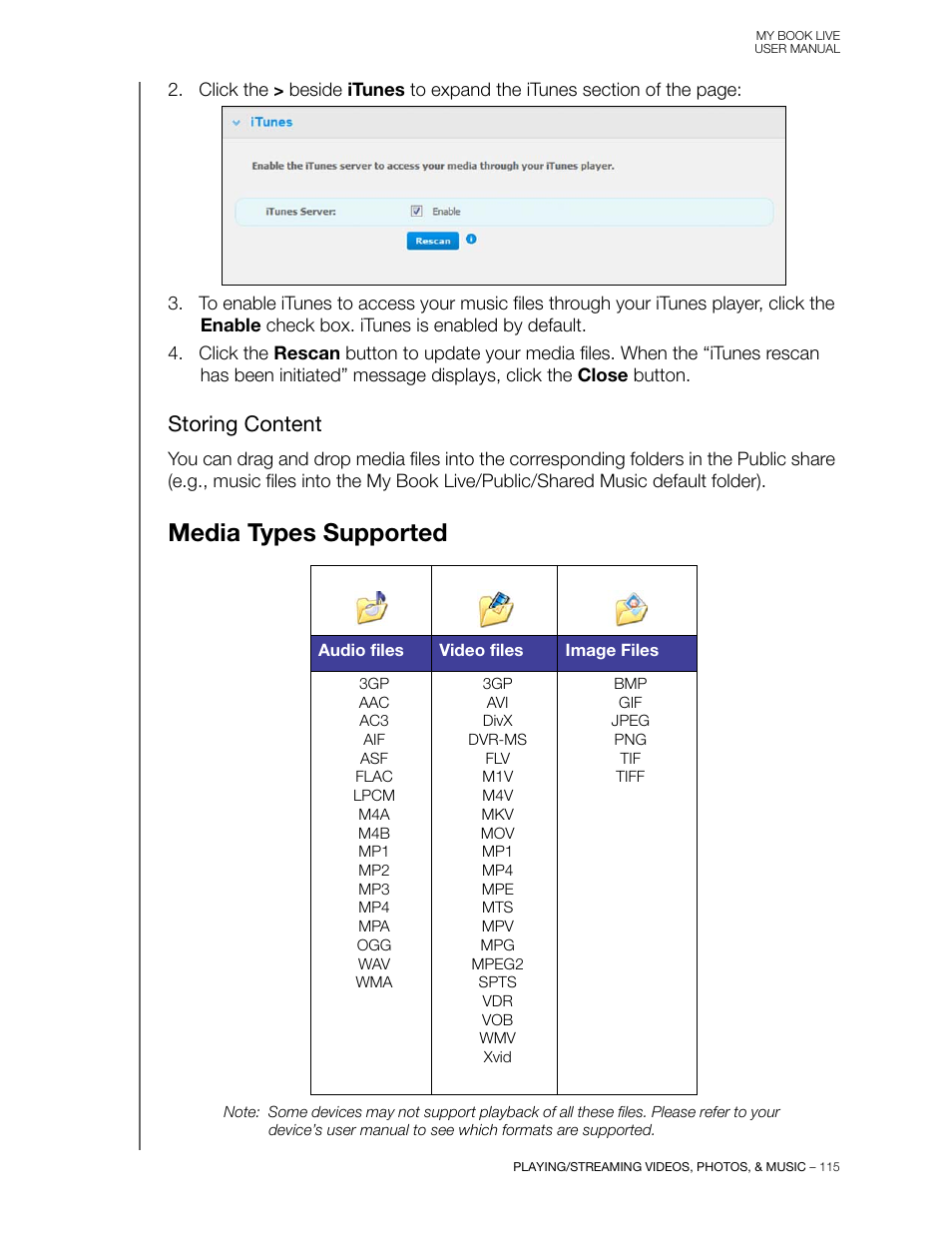 Storing content, Media types supported | Western Digital My Book Live User Manual User Manual | Page 120 / 146