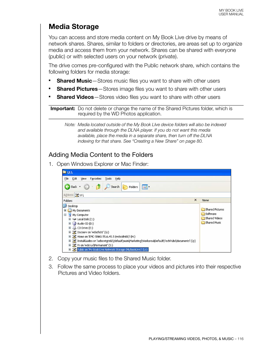 Media storage, Adding media content to the folders | Western Digital My Book Live User Manual User Manual | Page 121 / 146