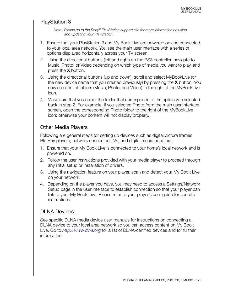 Playstation 3, Other media players, Dlna devices | Western Digital My Book Live User Manual User Manual | Page 127 / 146