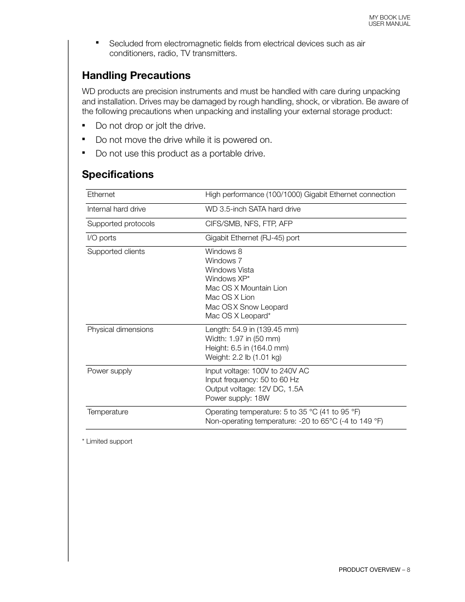 Handling precautions, Specifications, Handling precautions specifications | Western Digital My Book Live User Manual User Manual | Page 13 / 146