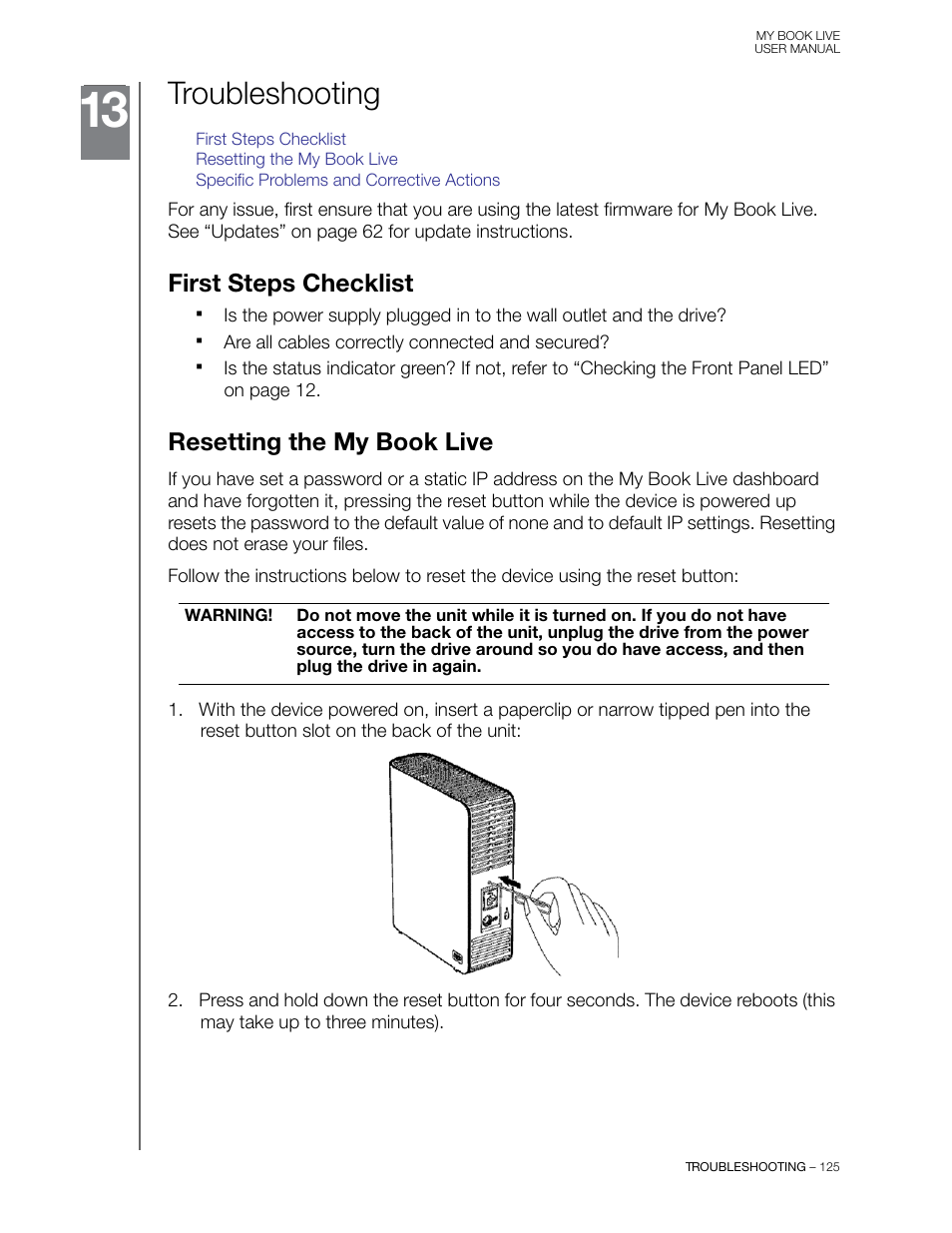 Troubleshooting, First steps checklist, Resetting the my book live | Western Digital My Book Live User Manual User Manual | Page 130 / 146