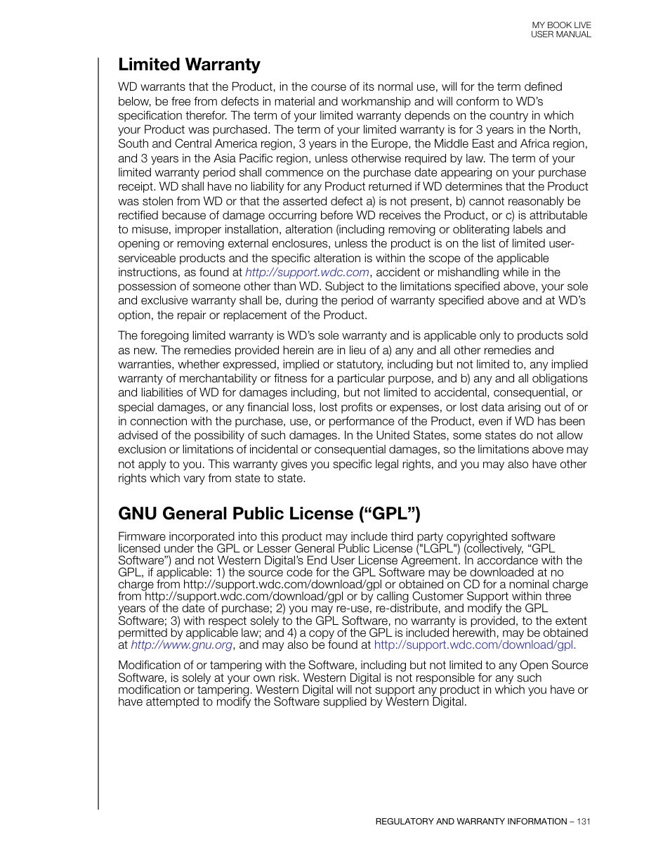 Limited warranty, Gnu general public license (“gpl”) | Western Digital My Book Live User Manual User Manual | Page 136 / 146
