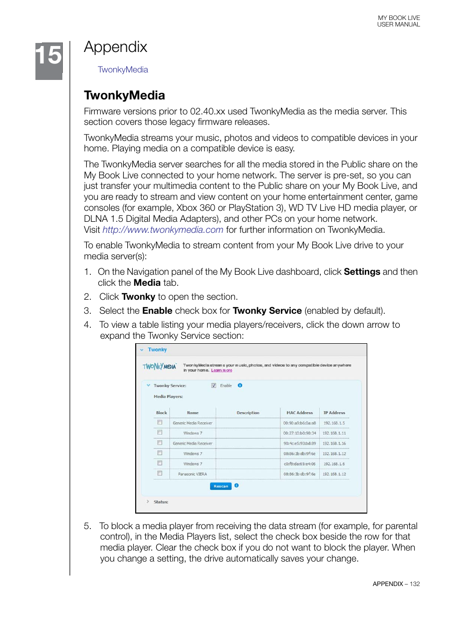 Appendix, Twonkymedia | Western Digital My Book Live User Manual User Manual | Page 137 / 146